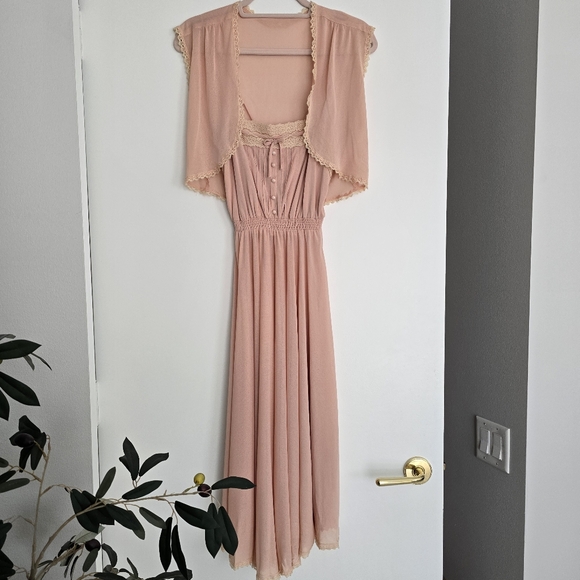 Vintage Pink Maxi Dress Set – Crochet Lace Trim Coquette Style - Picture 4 of 13